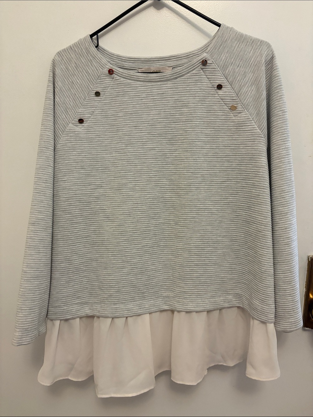 LOFT Light Gray Striped Sweatshirt with White Chiffon Hem